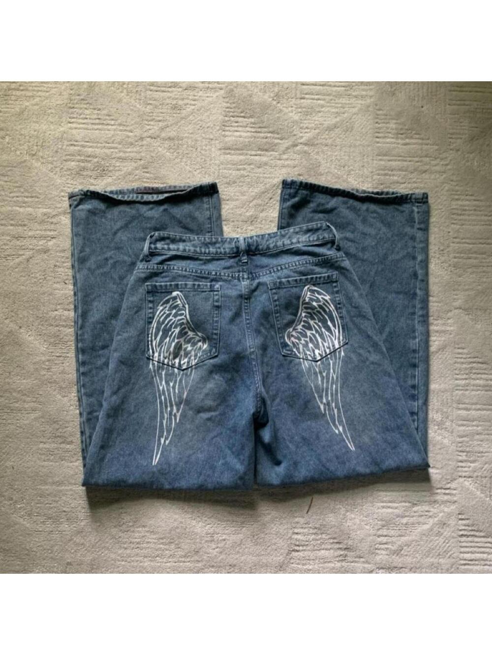 Vintage Y2K Asphalt Blue Baggy Jeans Angel Wings Size Medium